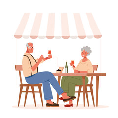 An elderly couple is drinking wine in a cafe. Relationships and friendships of older people. Vector illustration.