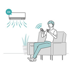 スマートホーム：エアコン_室内でスマホアプリを使ってエアコンを操作する男性（リビングで使う）