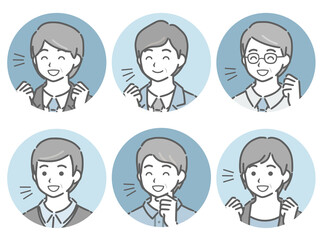 喜ぶ中年男性の斜め向き丸アイコンセット