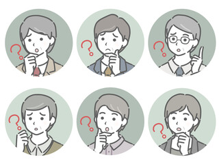 疑問に思う中年男性の斜め向き丸アイコンセット