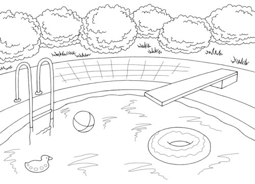 Swimming pool graphic black white landscape sketch illustration vector 