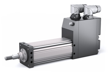 Servo linear actuator. Electric cylinder on white background. Electromechanical cylinder as alternative to hydraulic one. 3d render - obrazy, fototapety, plakaty