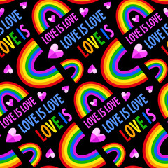 Seamless pattern with the inscription "love is love", crystal pink hearts and LGBT rainbow. Pride pattern. Vector color illustrations isolated on a black background. For textiles, wrapping paper.