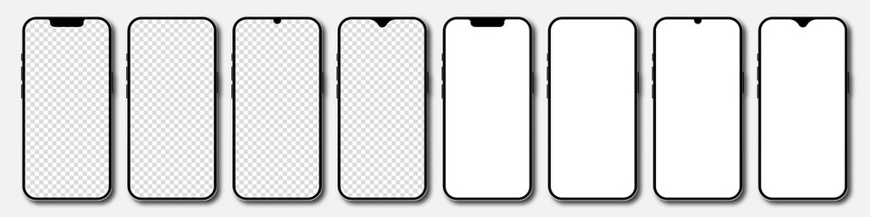 Fototapeta Set of realistic models smartphone with transparent screens. Smartphone mockup collection. Phone mockup in front. Mobile phone with shadow. Realistic, flat and line style. Vector EPS 10 obraz