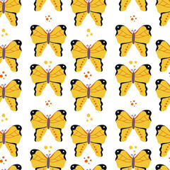 Yellow butterfly seamless pattern. Colorful cartoon vector repeat background. Hand drawn spring summer design element. Digital paper, wrapping fabric, skinny tumbler