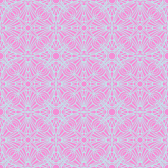 seamless tile drawn with light blue geometric ornaments on a pink background, vector seamless pattern