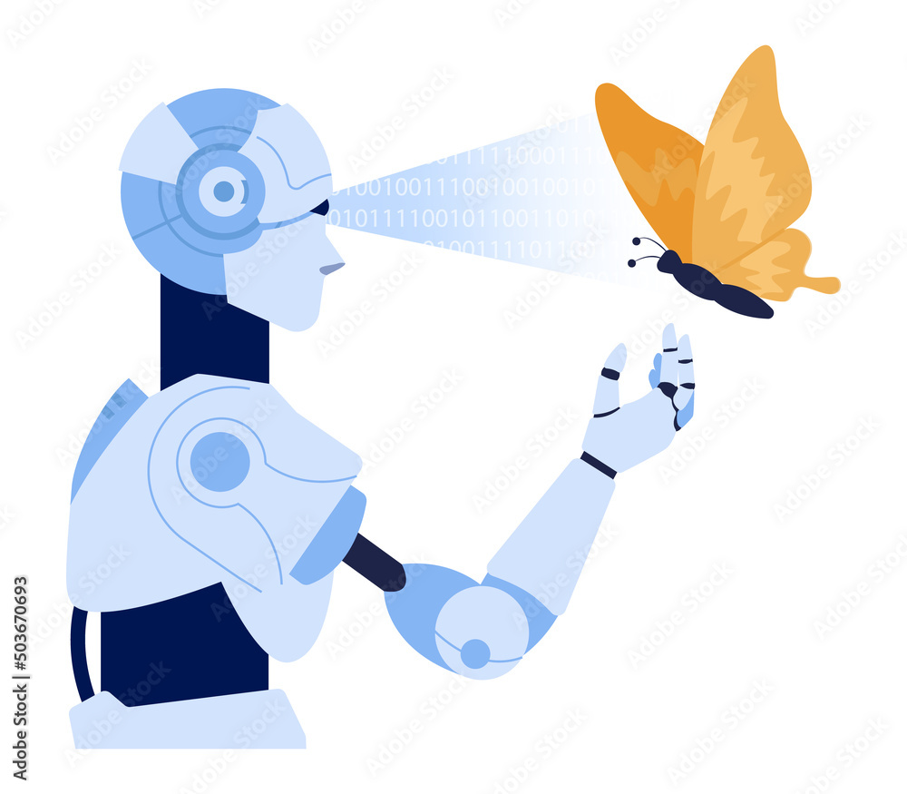 Poster robot concept. futuristic character interact with nature. humanoid