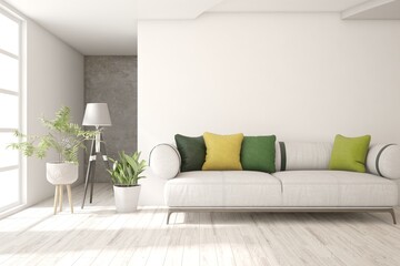 Modern living room in white color with sofa. Scandinavian interior design. 3D illustration