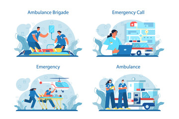 Fototapeta na wymiar Ambulance concept set. Emergency doctor in the uniform performing