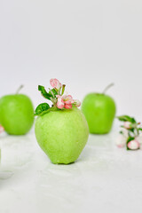 Apple flowers and ripe green apples on a white background, Fruits and flowers, sping concept. Top view