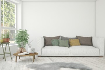 White living room with sofa and summer landscape in window. Scandinavian interior design. 3D illustration