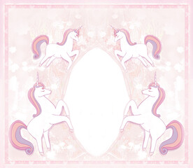 decorative frame with cute unicorns on a beautiful artistic pink floral background