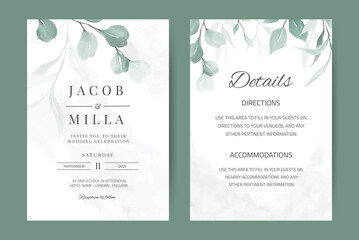 Wedding invitation watercolor eucalyptus greenery leave set. Template minimal greeting card set.  