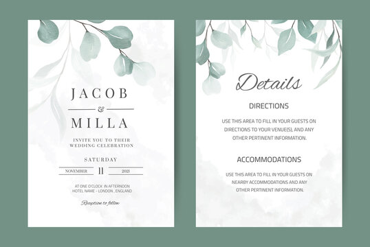 Wedding invitation watercolor eucalyptus greenery leave set. Template minimal greeting card set.  