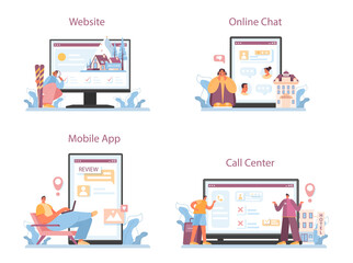 Tour agent online service or platform set. Vacation organization agency