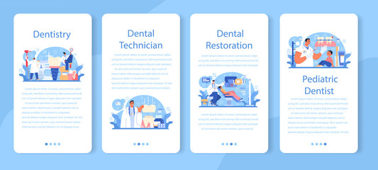 Dentistry mobile application banner set. Dental doctor in uniform