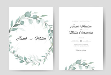 Fototapeta na wymiar Wedding minimal invitation template card set. Watercolor eucalyptus painting greenery color.