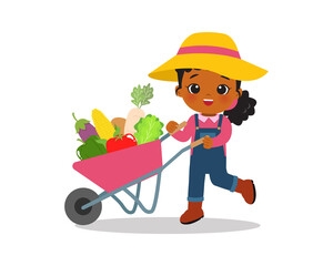 Cute farmer girl carry a cart containing vegetables. Flat vector cartoon design