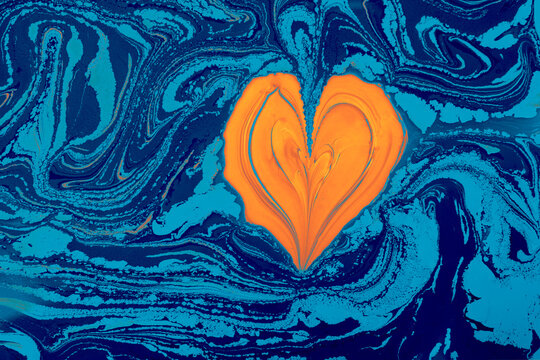 Ebru  marbling  background with heart shape. Unique art  Liquid marbling