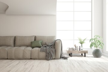 White living room with sofa. Scandinavian interior design. 3D illustration