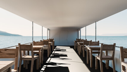 restaurant of a boat. inside a boat at sea. terrace outside a boat. reflection of the sun on a terrace
