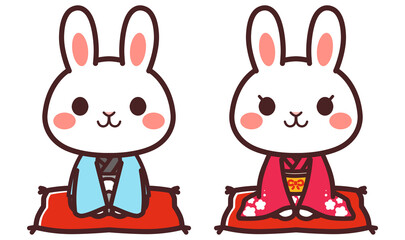 着物を着た兎のかわいいキャラクター　男女　イラスト