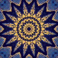 Square watercolor pattern for textiles, ceramic tiles and designs. Oriental vintage round motif. Mandala kaleidoscope colorful painting. Hand drawn abstract pattern print seamless background