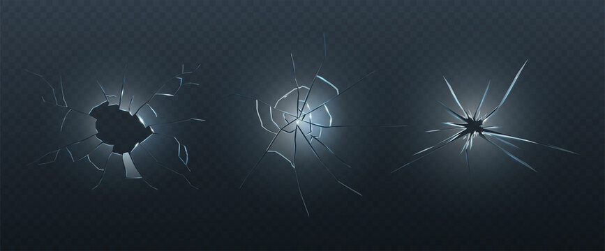 3d realistic vector icon set. Cracked crushed transparent glass with bullet holes. 