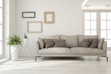 White living room with sofa. Scandinavian interior design. 3D illustration