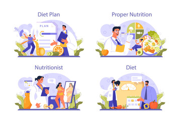 Fototapeta premium Nutritionist concept set. Nutrition therapy with healthy food and physical
