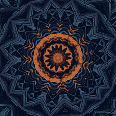 Unique carpet with flower mandala and ornamental frame in arabic style. Vector illustration in warm tones