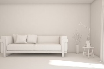 White minimalist living room with sofa. Scandinavian interior design. 3D illustration