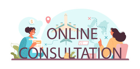 Online consultation typographic header. Tourism expert creating