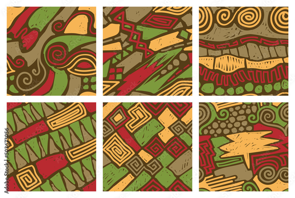 Poster abstract vector seamless patterns set. doodle style minimalistic fabric swatches design.
