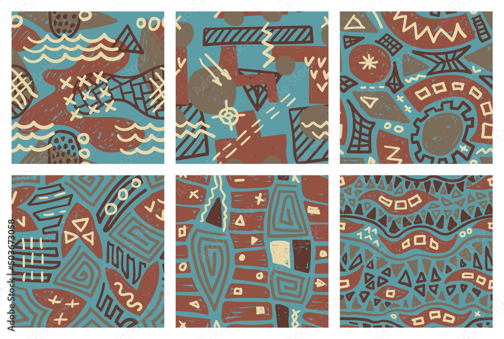 Poster seamless patterns set of memphis style hand drawn simple vector elements. scribble ethnic decoration