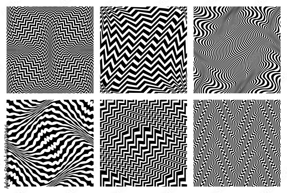 Wall mural warped seamless patterns set of black wavy lines. optical art vibrant fabric swatches design.