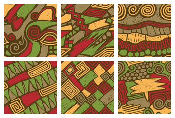Abstract vector seamless patterns set. Doodle style minimalistic fabric swatches design.