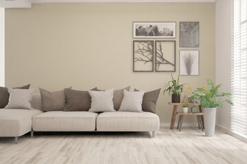 White living room with sofa. Scandinavian interior design. 3D illustration