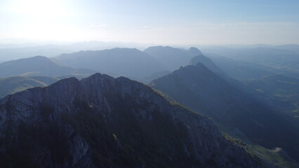 arial view of mountains at sunset in Urkiola Natural Park in the Basque Country, Spain