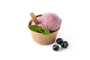 Blueberry ice cream scoop in paper cup isolated on white background