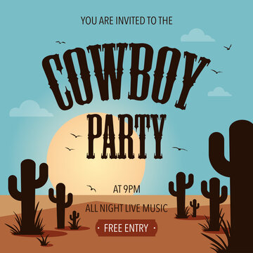 Cowboy party template design or layout with editable lettering suitable for western style event. Wild west cowboy party vector banner or poster with sunset in the desert, cactus and flying birds.
