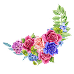 Blue and pink bouquet of flowers with delicate green leaves. Hydrangea, roses. Wedding watercolor garden beautiful bouquet of flowers in spring with greenery. illustration for print