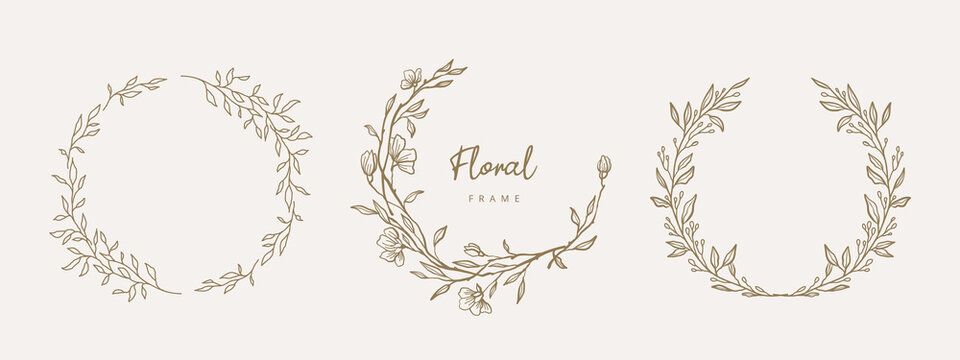 Hand drawn floral frames with flowers,  branch and leaves. Elegant logo template. Vector illustration for labels, 
branding business identity, wedding invitation