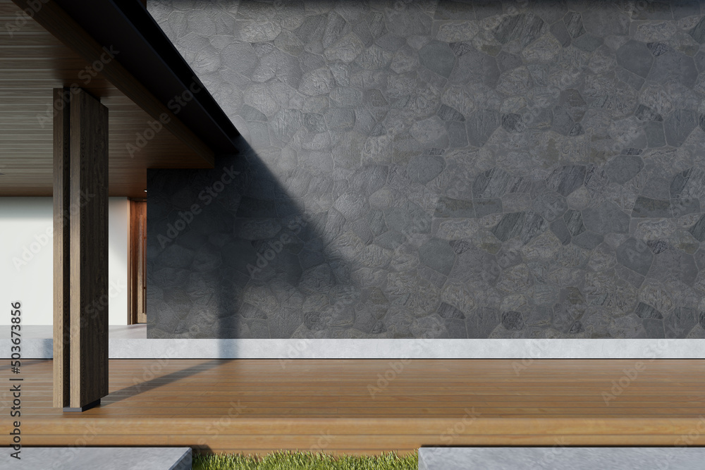 Poster 3d rendering of modern building with large stone cladding wall and wooden terrace.
