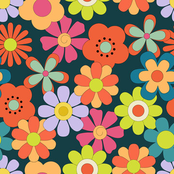 Seamless pattern with Groovy retro flowers on dark background. Hippie endless background in 1970s style. Vector flowers daisy