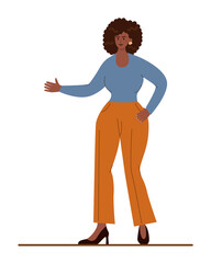 Black businesswoman with his hand up. Character wearing business