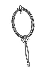 Oval vintage mirror with handle. Retro mirror hand drawn. Vector illustration of doodle accessory for women isolated on white background.