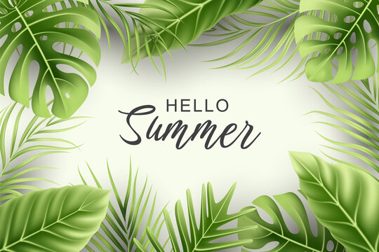 Summer background with realistic tropical leaves