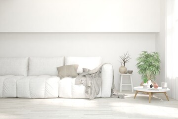 White living room with sofa. Scandinavian interior design. 3D illustration
