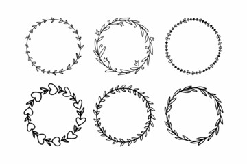 Set of graphic floral round frames. Vector isolated on white background.